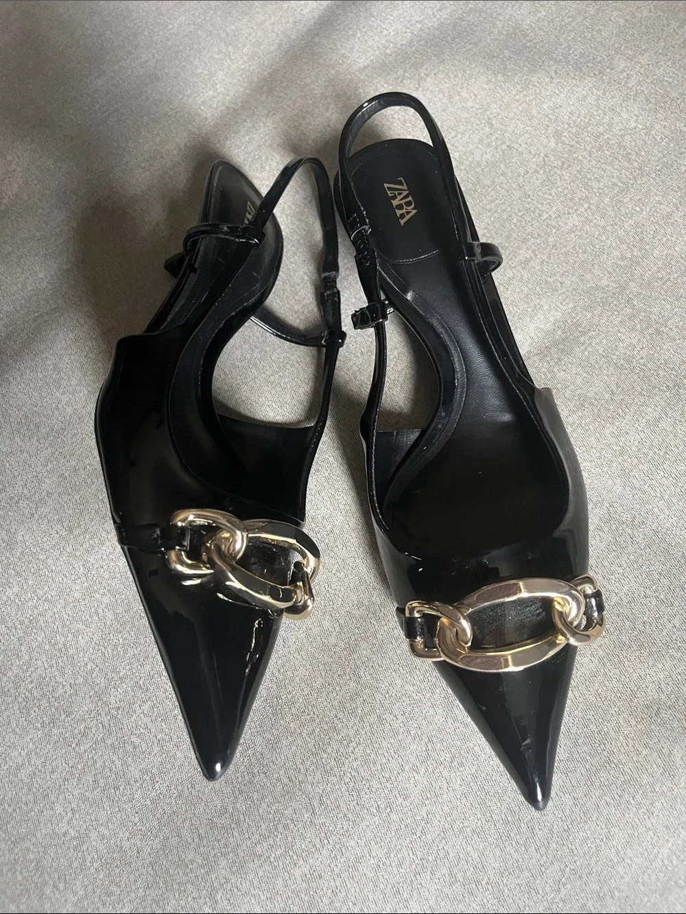 Zara Black Patent Pointed Slingback Flats with Gold Chain Accent
